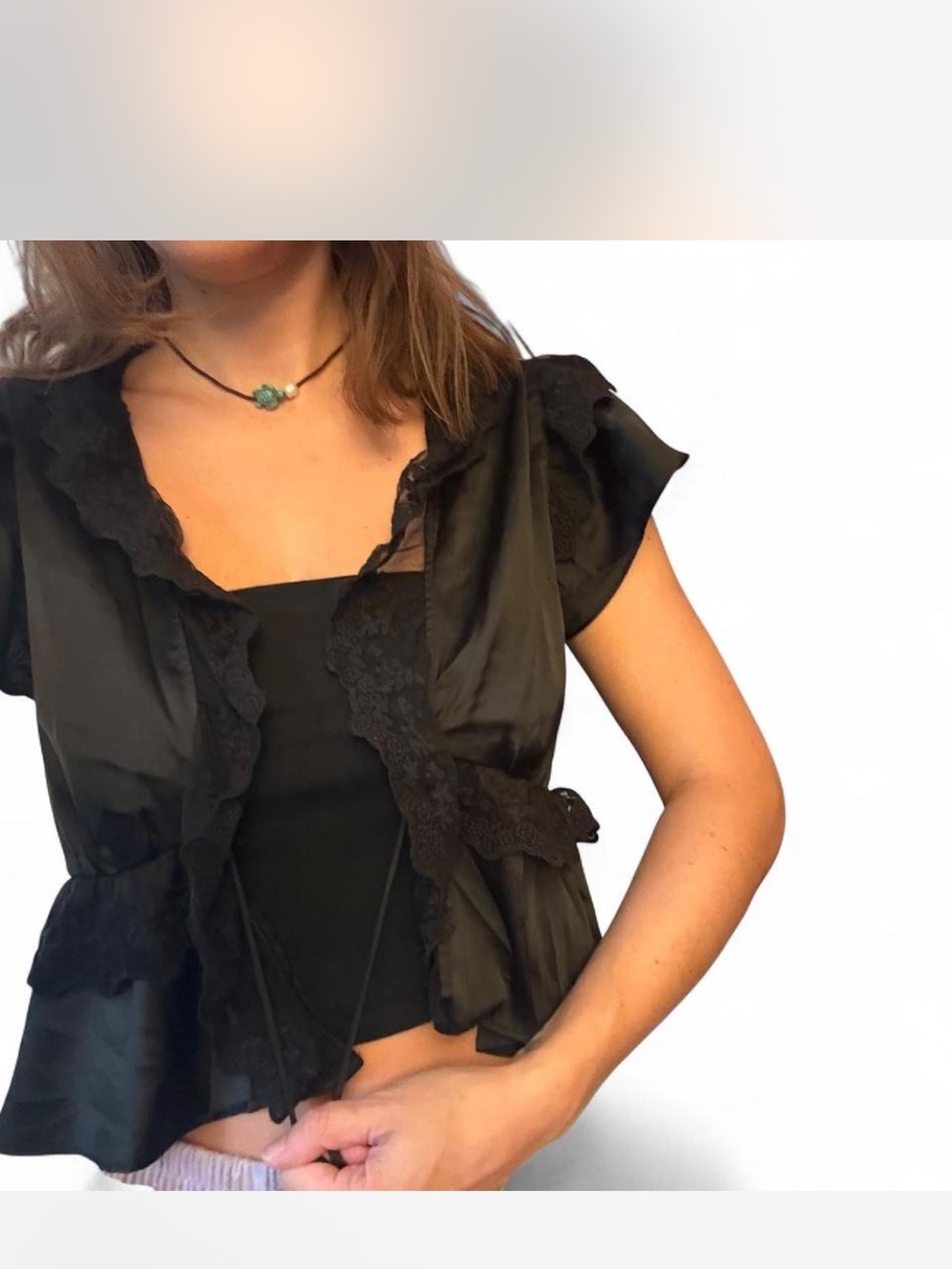 H&M Black Lace-Trim Short Sleeve Layering Top